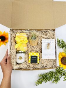 An example of Ship Sunshine's customizable gift boxes, including an air plant, a candle, pop up cards and a crystal.